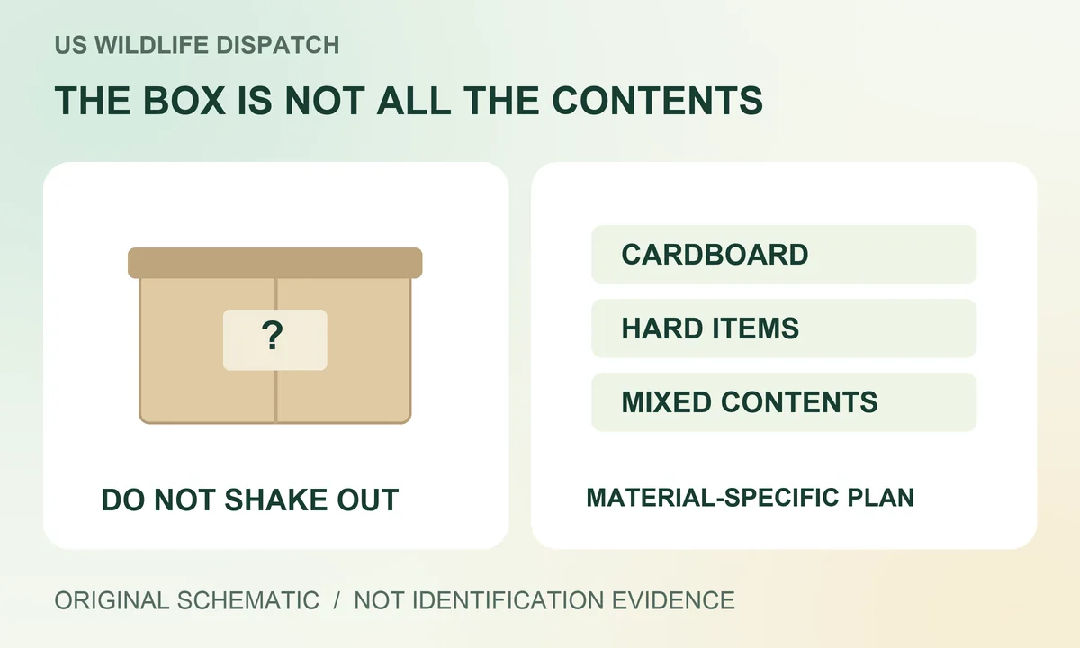 A storage box separated conceptually into cardboard, hard containers and mixed contents, without showing anyone handling waste.