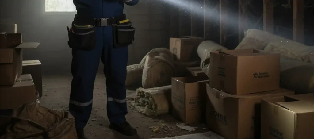 Professional animal control personnel inspect the condition of the attic.