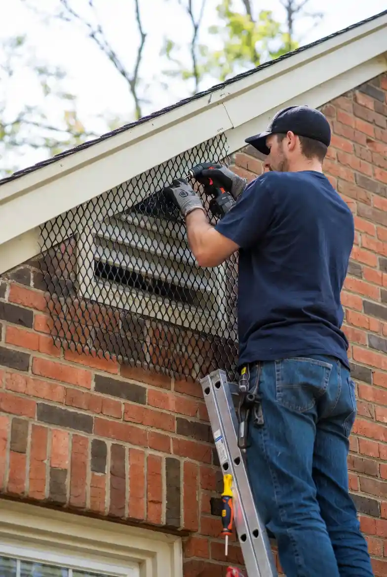 A licensed wildlife control technician in Arlington, TX, installing a heavy-duty steel screen over a gable vent to provide a permanent exclusion solution.