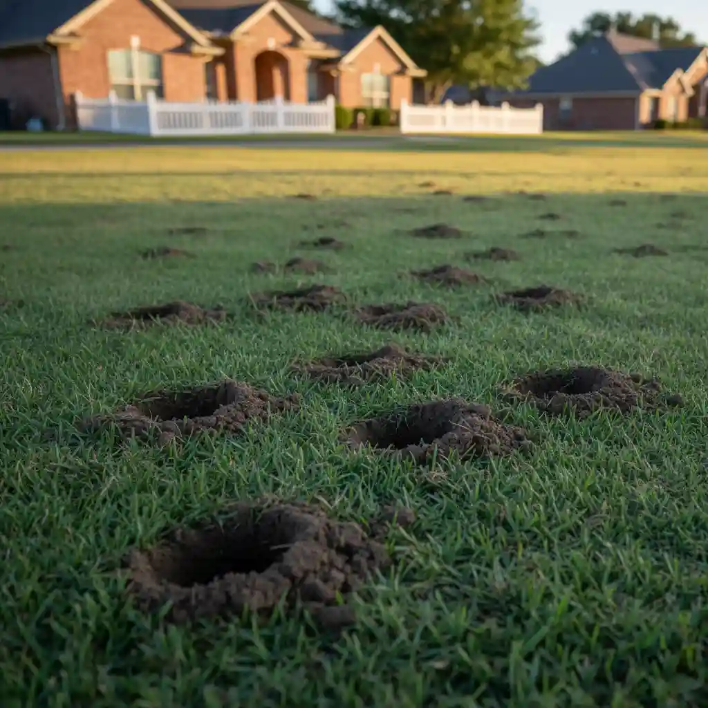 A suburban Texas lawn with multiple cone-shaped holes dug by an armadillo searching for grubs, showing typical yard damage.
