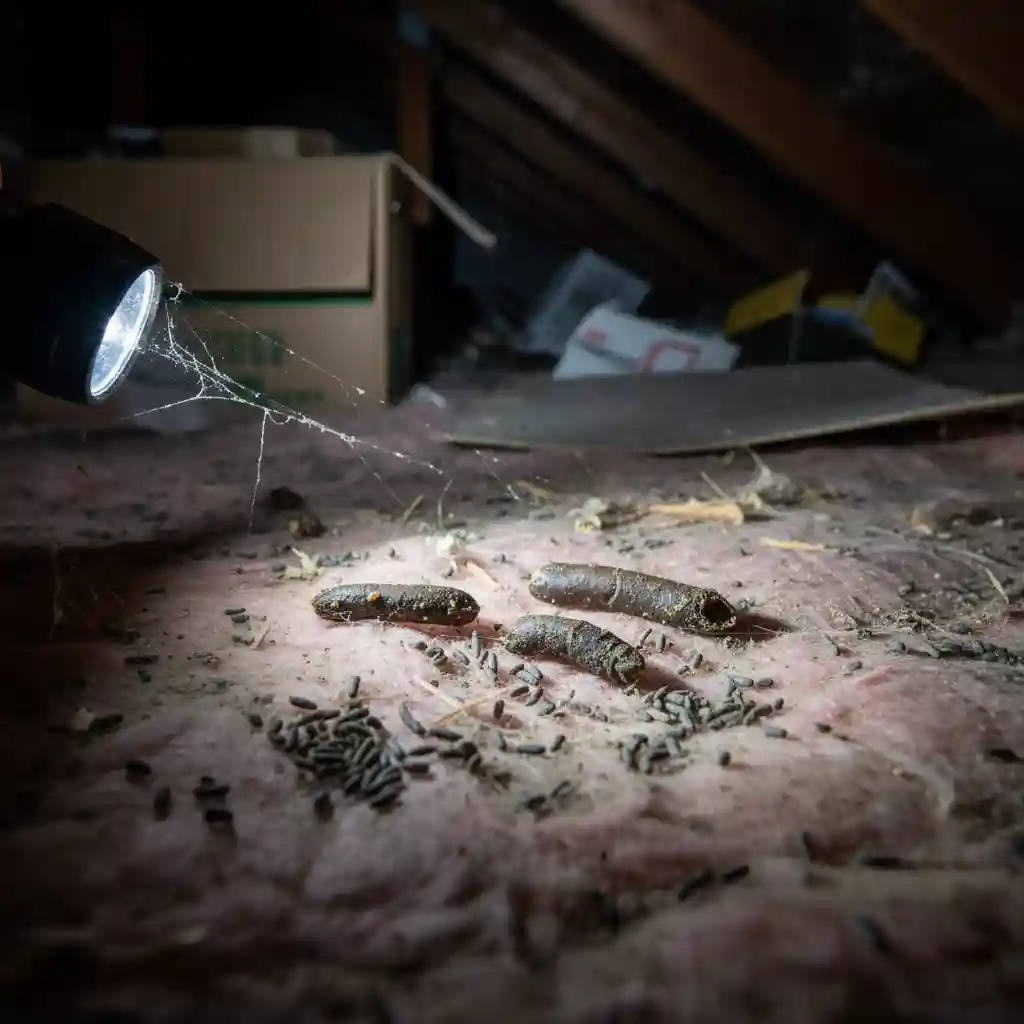 A close-up photo showing a mix of raccoon and rat droppings on attic insulation, used to identify the type of wildlife infestation.