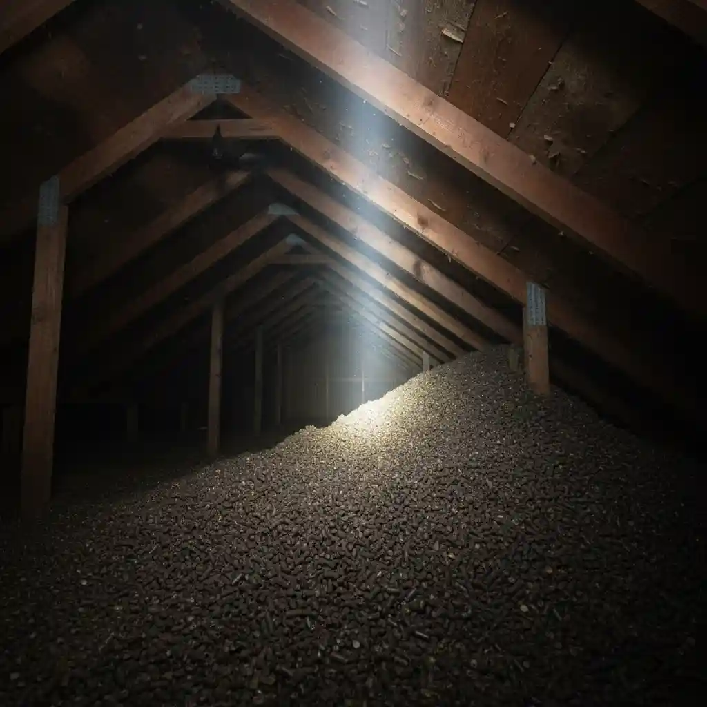 A large accumulation of bat guano covering the insulation in a residential attic, showing the serious biohazard that requires professional cleanup.