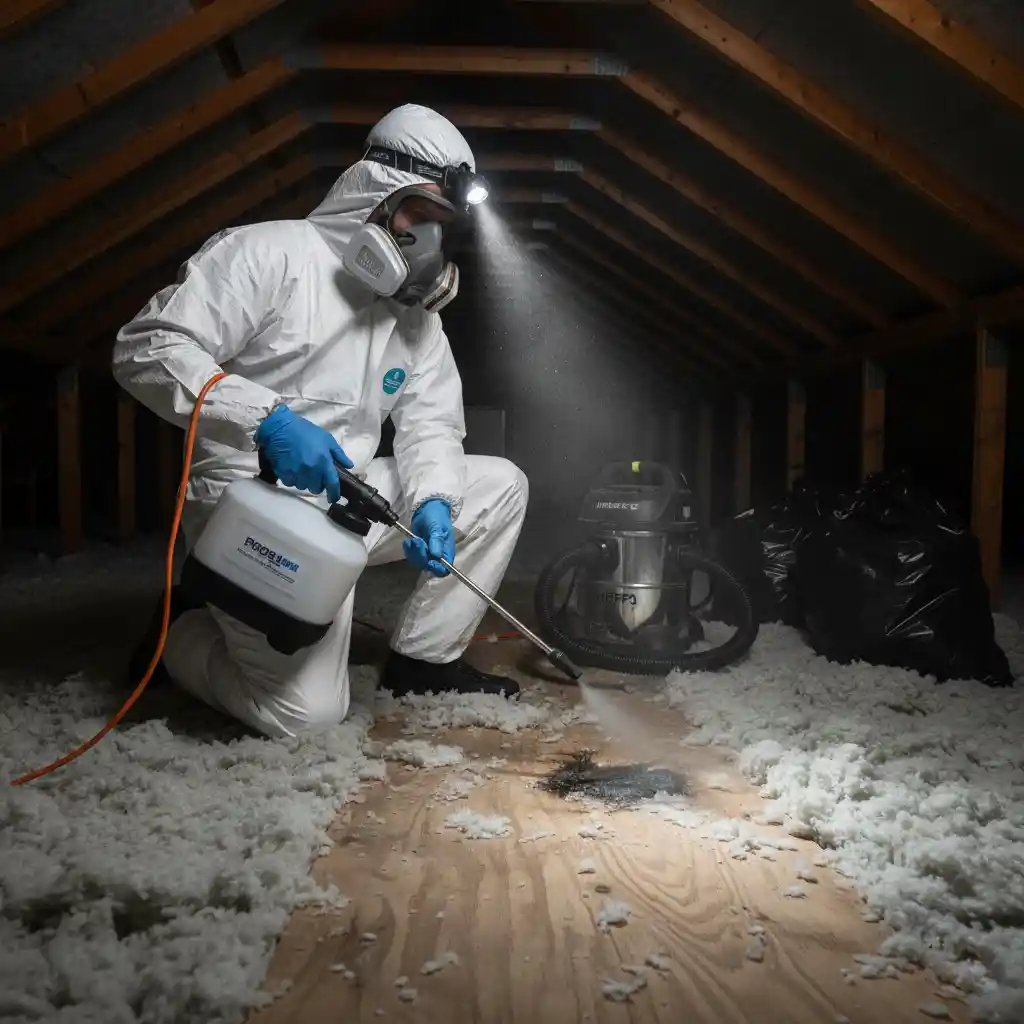 A cross-section of a house wall showing a deceased rat, illustrating the source of a dead animal smell and the need for professional removal.