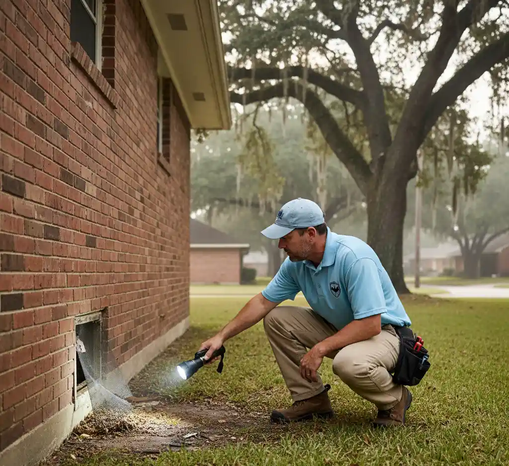 A licensed technician in Pasadena, TX inspecting a home's foundation and crawlspace for roof rat and squirrel entry points.