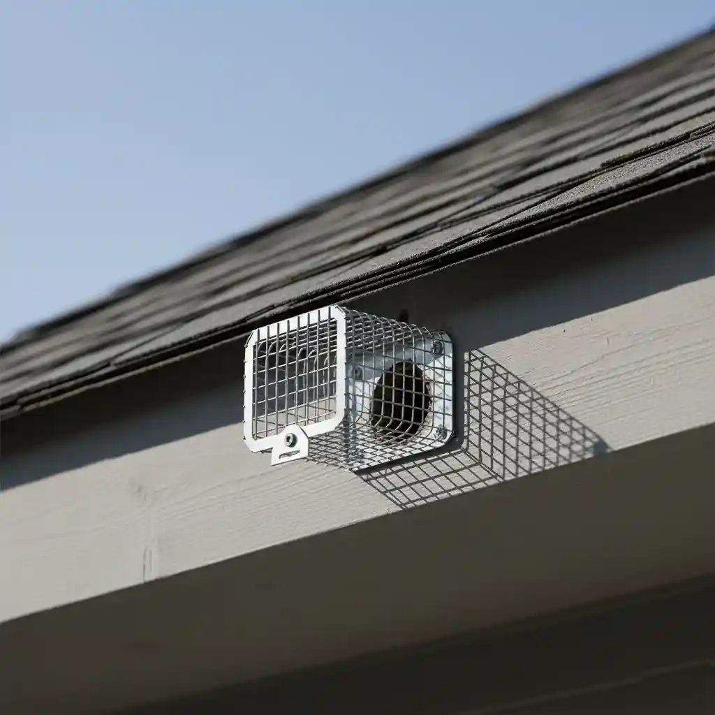 A professional one-way exclusion door installed over a hole on a roof, allowing squirrels to exit the attic but preventing them from re-entering.