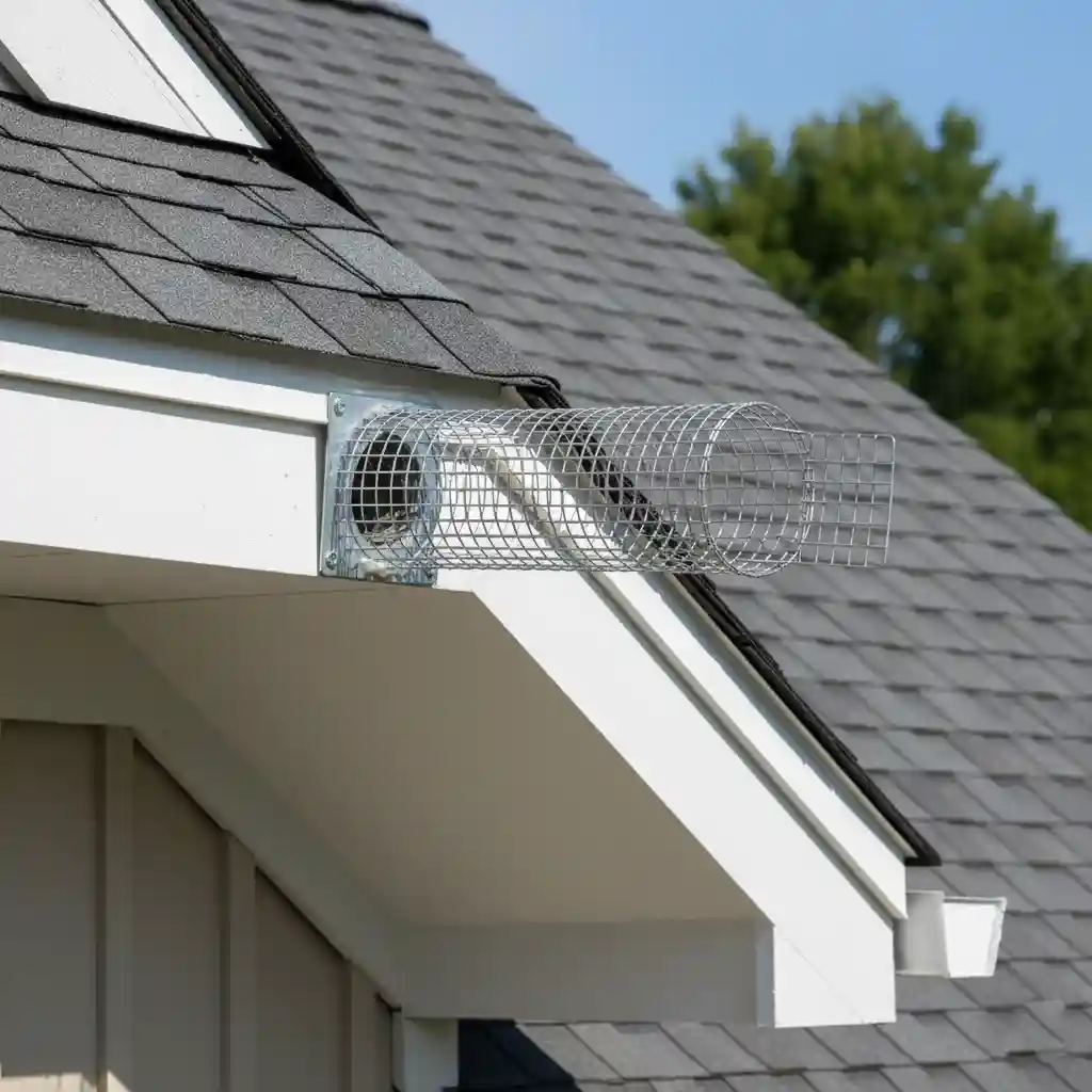 A professional one-way exclusion door installed over a hole on a roof, allowing squirrels to exit the attic but preventing them from re-entering.