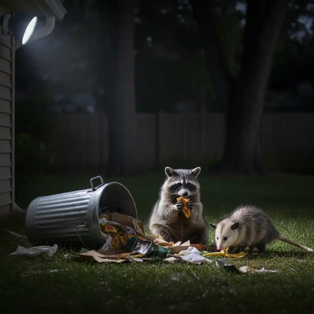 A raccoon and an opossum at night, both raiding an overturned trash can in a suburban backyard.