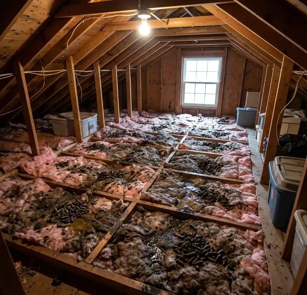 A professional wildlife technician writing a cost estimate on a clipboard for a homeowner, explaining the price for raccoon removal and attic repair.