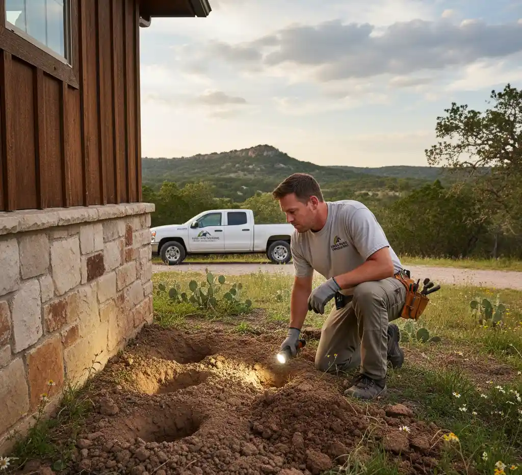 A licensed wildlife removal expert in San Marcos, TX, inspecting armadillo digging damage near a home's foundation in the Texas Hill Country.