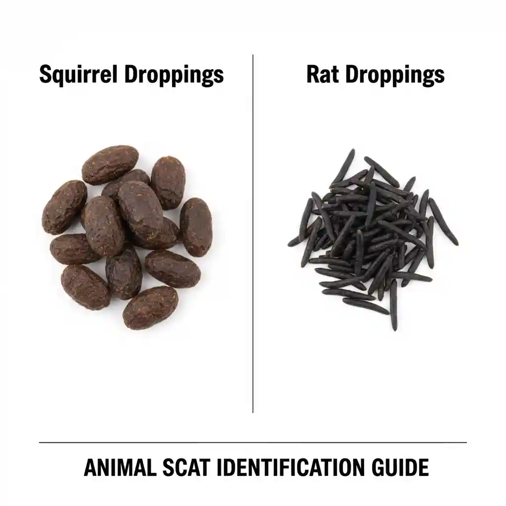 A side-by-side comparison image showing larger, rounded squirrel droppings next to smaller, pointed rat droppings on a piece of wood for easy identification.
