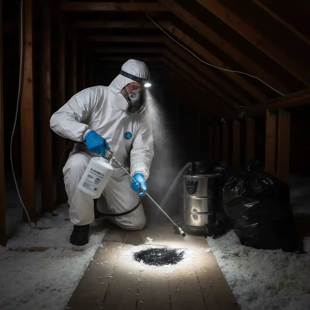A professional wildlife technician in full protective gear (respirator, gloves) using a sprayer to sanitize an attic area after a dead animal removal.