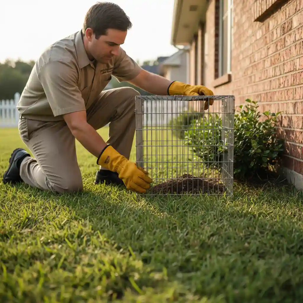 A professional wildlife control technician wearing gloves and a uniform, carefully setting a large, humane live trap near the foundation of a house to catch an armadillo.