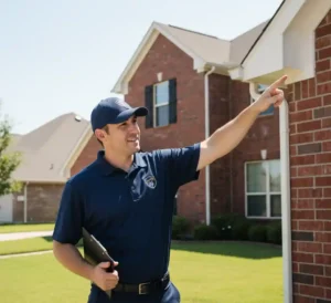 A licensed wildlife technician in Wylie, Texas pointing to a roofline to show a homeowner where raccoons or squirrels are entering the attic.