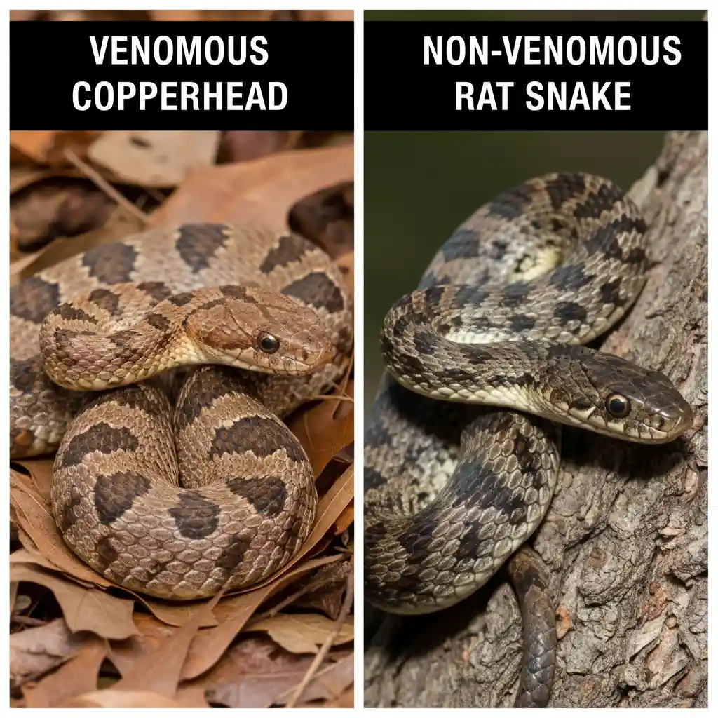 A side-by-side comparison of a venomous Copperhead snake with its hourglass pattern versus a non-venomous Rat Snake, highlighting head shape differences.