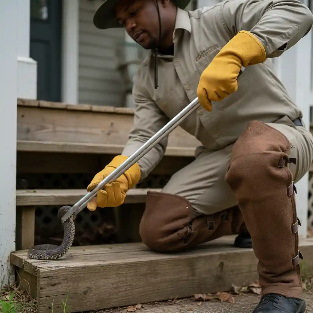 A wildlife control professional using specialized snake tongs to safely remove a snake from under a residential deck.