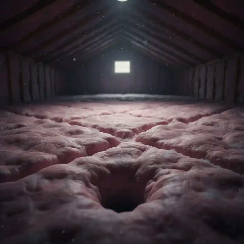 Pink fiberglass attic insulation that has been trampled down, showing distinct burrow holes and tunnels created by nesting rodents.