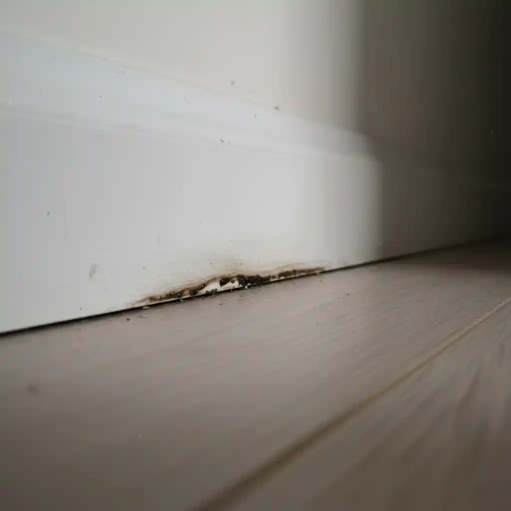Dark, greasy smudges along a white baseboard caused by rats rubbing their oily fur against the wall, a key sign of infestation.