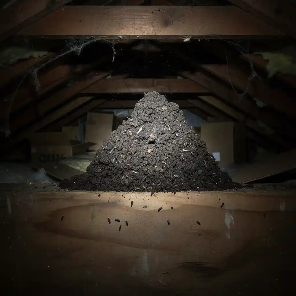 A comparison of a concentrated pile of bat guano under an attic vent versus scattered mouse droppings along a wall.