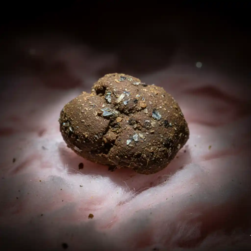 A macro photo of bat guano under a flashlight, showing tiny shiny insect wings embedded in the droppings, distinguishing it from mouse poop.